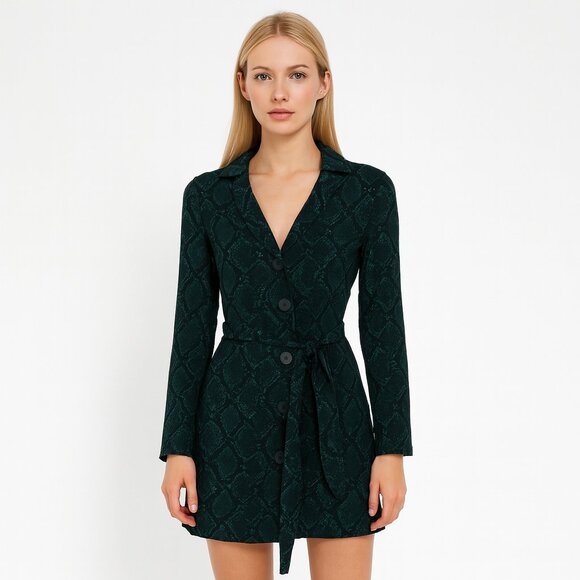ZARA Green Black Snake Print Wrap Mini Dress Long Sleeve Belted Collared XS - Picture 12 of 12